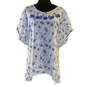 Bennett Malibu White Floral Embroidered Short Sleeve Top Sz M‎